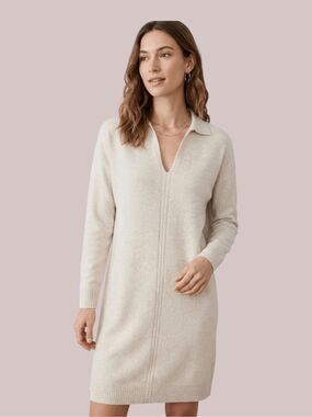 NWT LOFT Petite Collared V-Neck Sweater Dress Oatmeal Beige Cream XXSP
